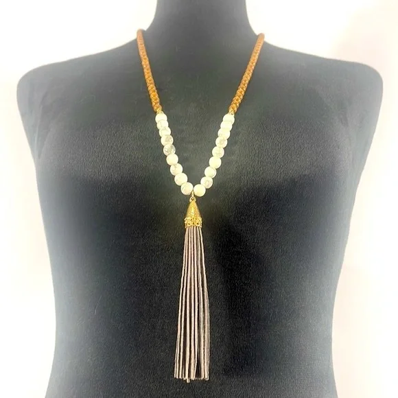 BCBG Long Tassel White,Grey Howlite & Wood, Necklace,Gold,Grey Suede Tassel,Boho - Picture 4 of 8